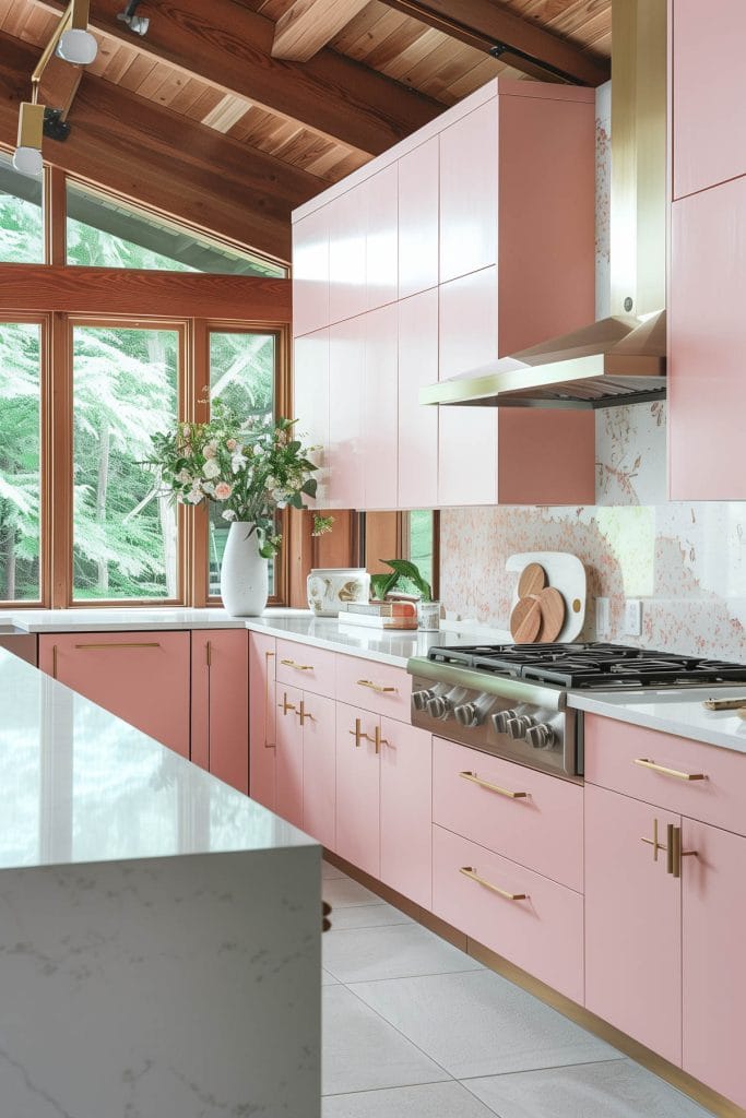 A mid-century modern kitchen with pink cabinetry, light wood accents, and minimalist design elements. The space features sleek lines and integrated appliances with a kitchen island.