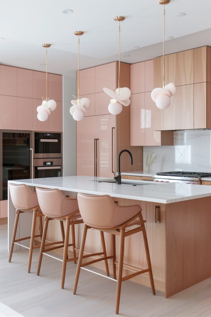 A mid-century modern kitchen with pink cabinetry, light wood accents, and minimalist design elements. The space features sleek lines and integrated appliances with a kitchen island and barstools.