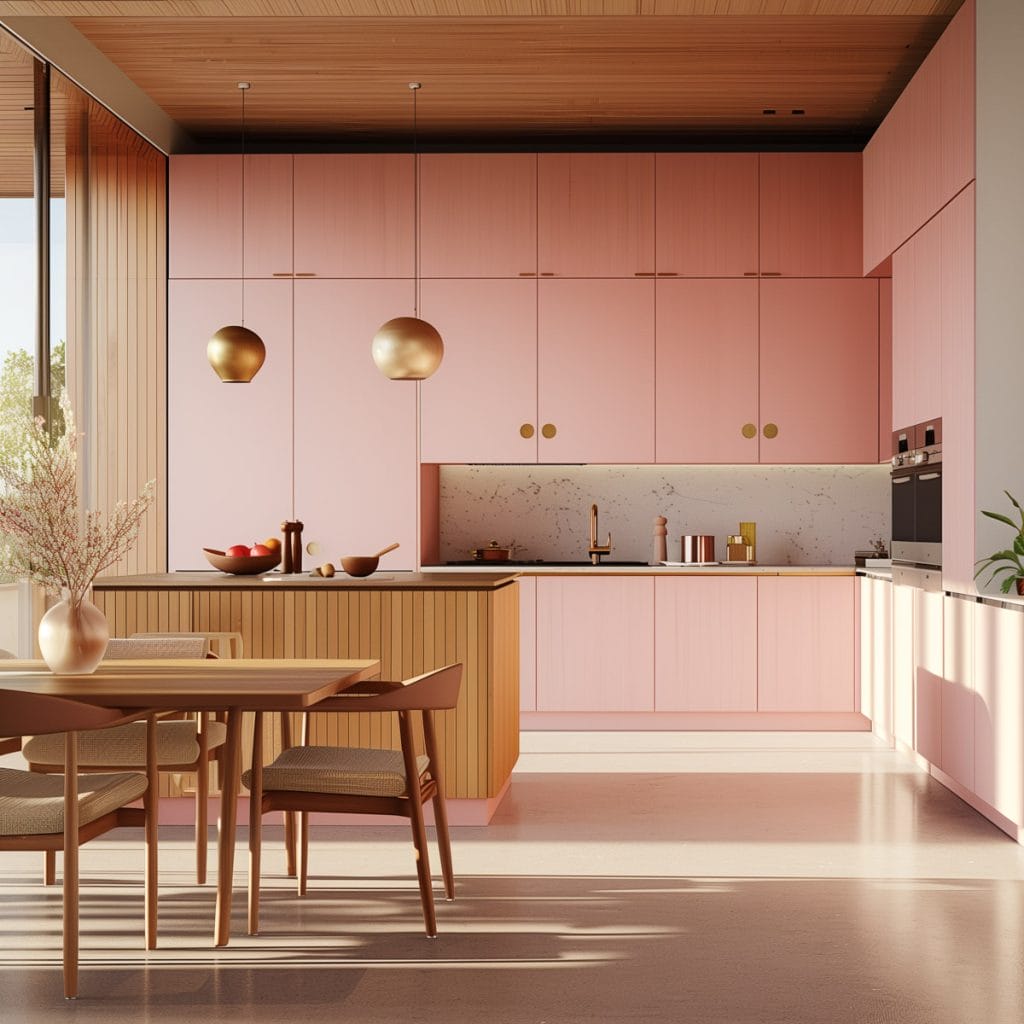 A mid-century modern kitchen with pink cabinetry, light wood accents, and minimalist design elements. The space features sleek lines and integrated appliances with a table and chairs.