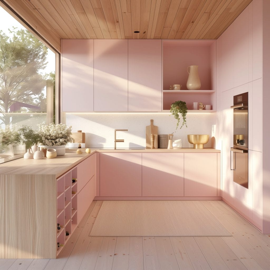 A mid-century modern kitchen with pink cabinetry, light wood accents, and minimalist design elements. The space features sleek lines, integrated appliances, and mid-century modern furniture.