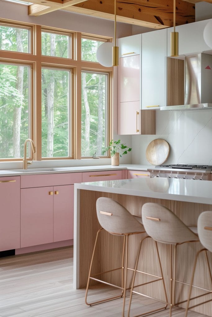 A mid-century modern kitchen with pink cabinetry, light wood accents, and minimalist design elements. The space features sleek lines and integrated appliances with a kitchen island and barstools.