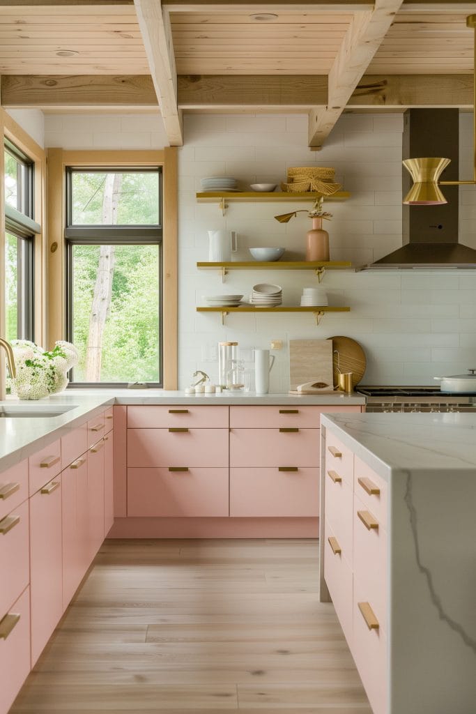 A mid-century modern kitchen with pink cabinetry, light wood accents, and minimalist design elements. The space features sleek lines, integrated appliances, and mid-century modern furniture.