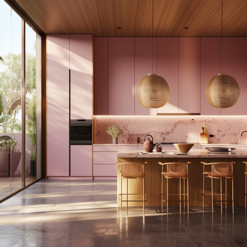 A mid-century modern kitchen with pink cabinetry, light wood accents, and minimalist design elements. The space features sleek lines and integrated appliances with a kitchen island and barstools.