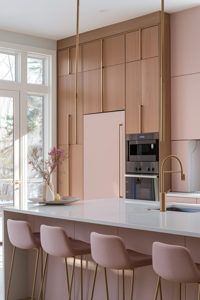 A mid-century modern kitchen with pink cabinetry, light wood accents, and minimalist design elements. The space features sleek lines and integrated appliances with a kitchen island and barstools.