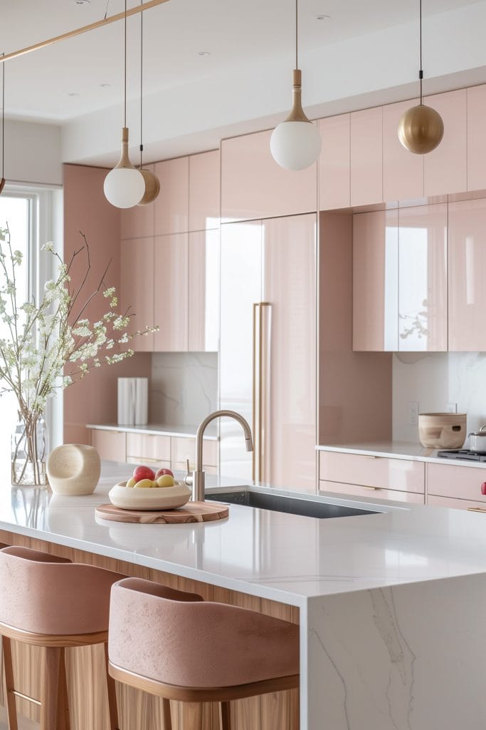 A mid-century modern kitchen with pink cabinetry, light wood accents, and minimalist design elements. The space features sleek lines and integrated appliances with a kitchen island and barstools.