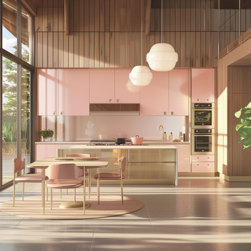 A mid-century modern kitchen with pink cabinetry, light wood accents, and minimalist design elements. The space features sleek lines and integrated appliances with a table and chairs.