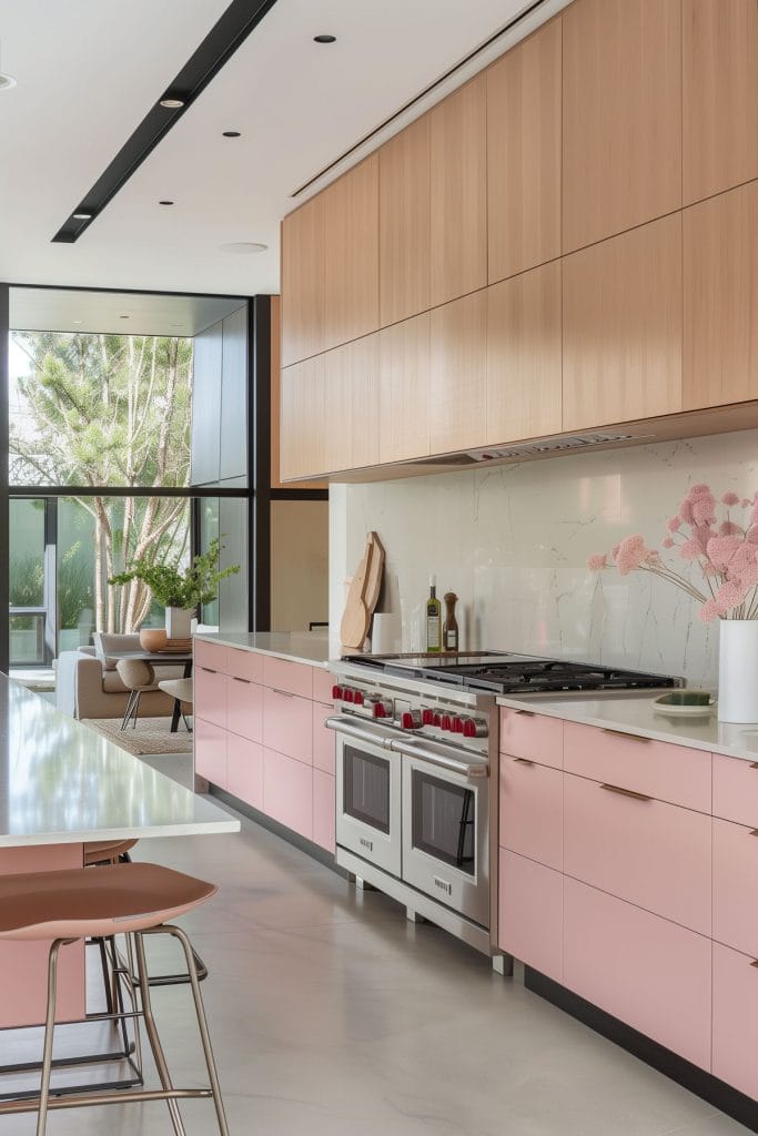 A mid-century modern kitchen with pink cabinetry, light wood accents, and minimalist design elements. The space features sleek lines and integrated appliances.