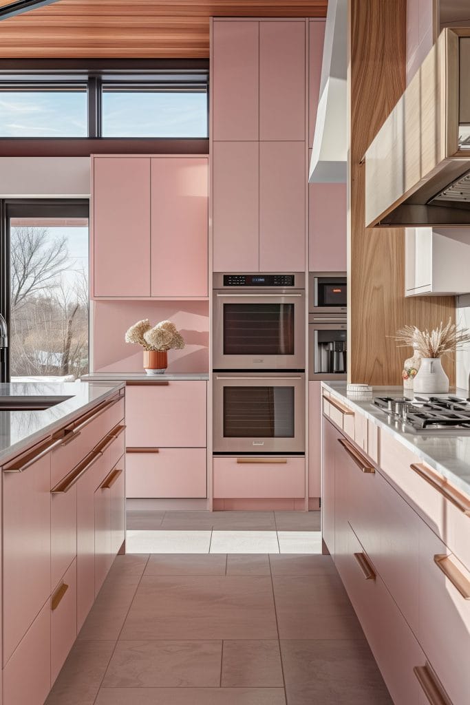 A mid-century modern kitchen with pink cabinetry, light wood accents, and minimalist design elements. The space features sleek lines and integrated appliances.