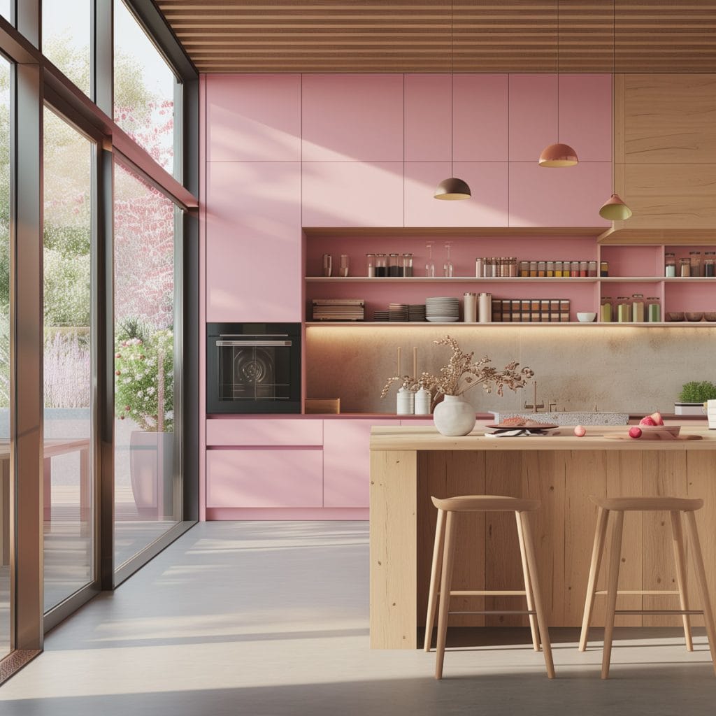 A mid-century modern kitchen with pink cabinetry, light wood accents, and minimalist design elements. The space features sleek lines and integrated appliances with a kitchen island and barstools.