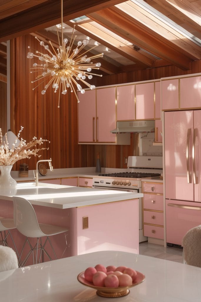 A mid-century modern kitchen with pink cabinetry, light wood accents, and minimalist design elements. The space features sleek lines and integrated appliances with a kitchen island and barstools.