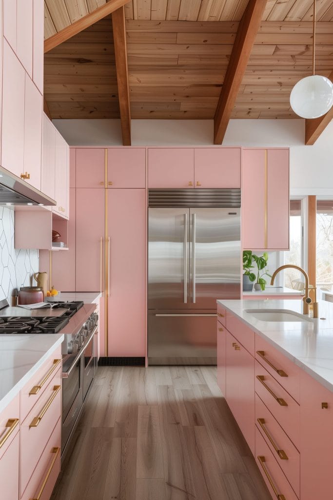 A mid-century modern kitchen with pink cabinetry, light wood accents, and minimalist design elements. The space features sleek lines and integrated appliances.