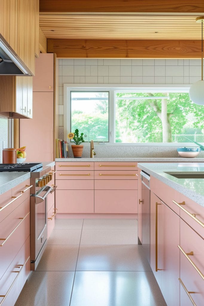 A mid-century modern kitchen with pink cabinetry, light wood accents, and minimalist design elements. The space features sleek lines and integrated appliances.