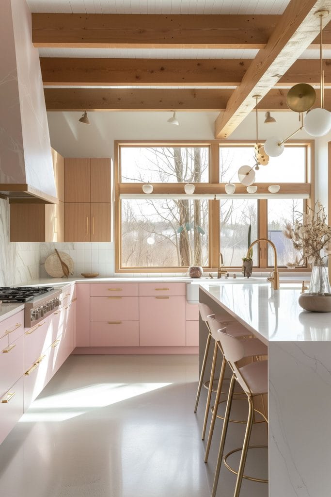 A mid-century modern kitchen with pink cabinetry, light wood accents, and minimalist design elements. The space features sleek lines and integrated appliances with a kitchen island and barstools.