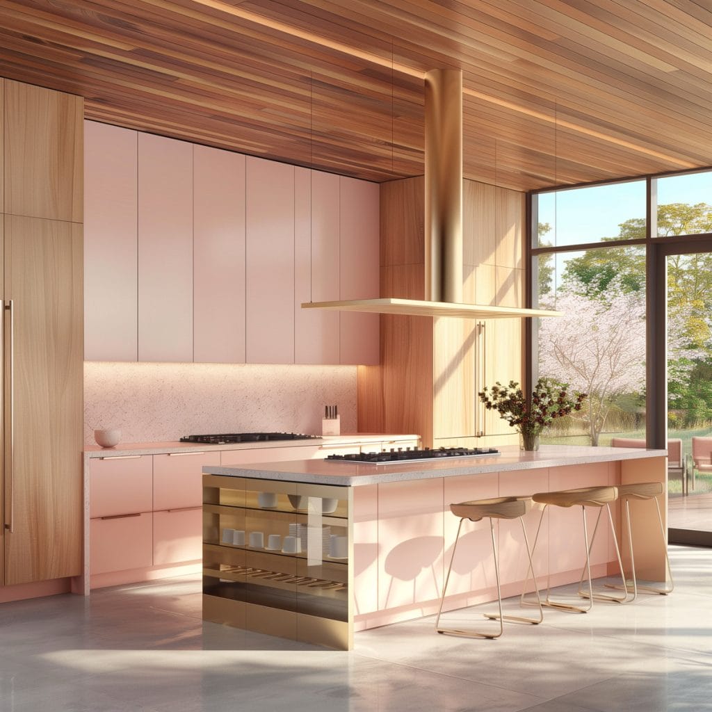 A mid-century modern kitchen with pink cabinetry, light wood accents, and minimalist design elements. The space features sleek lines and integrated appliances with a kitchen island and barstools.