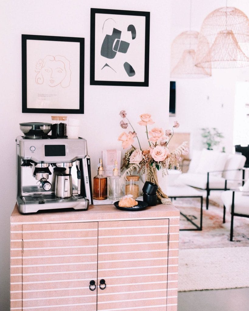 Compact espresso corner with essential coffee-making tools, minimalist design, and black and white accents.