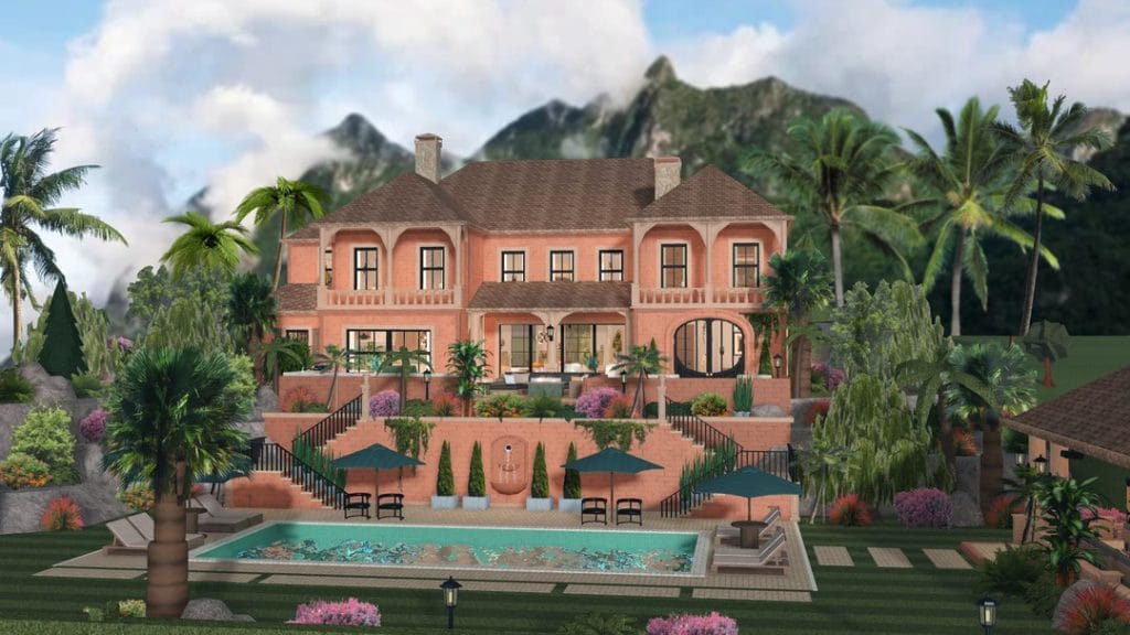 A grand tropical mansion with a luxurious pool, lush garden, and stunning views of the surrounding area.