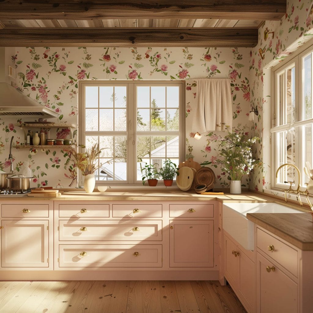 A rustic country-style kitchen with distressed pink cabinets, wooden countertops, and farmhouse sinks. The design is enhanced with floral wallpaper and vintage decor.