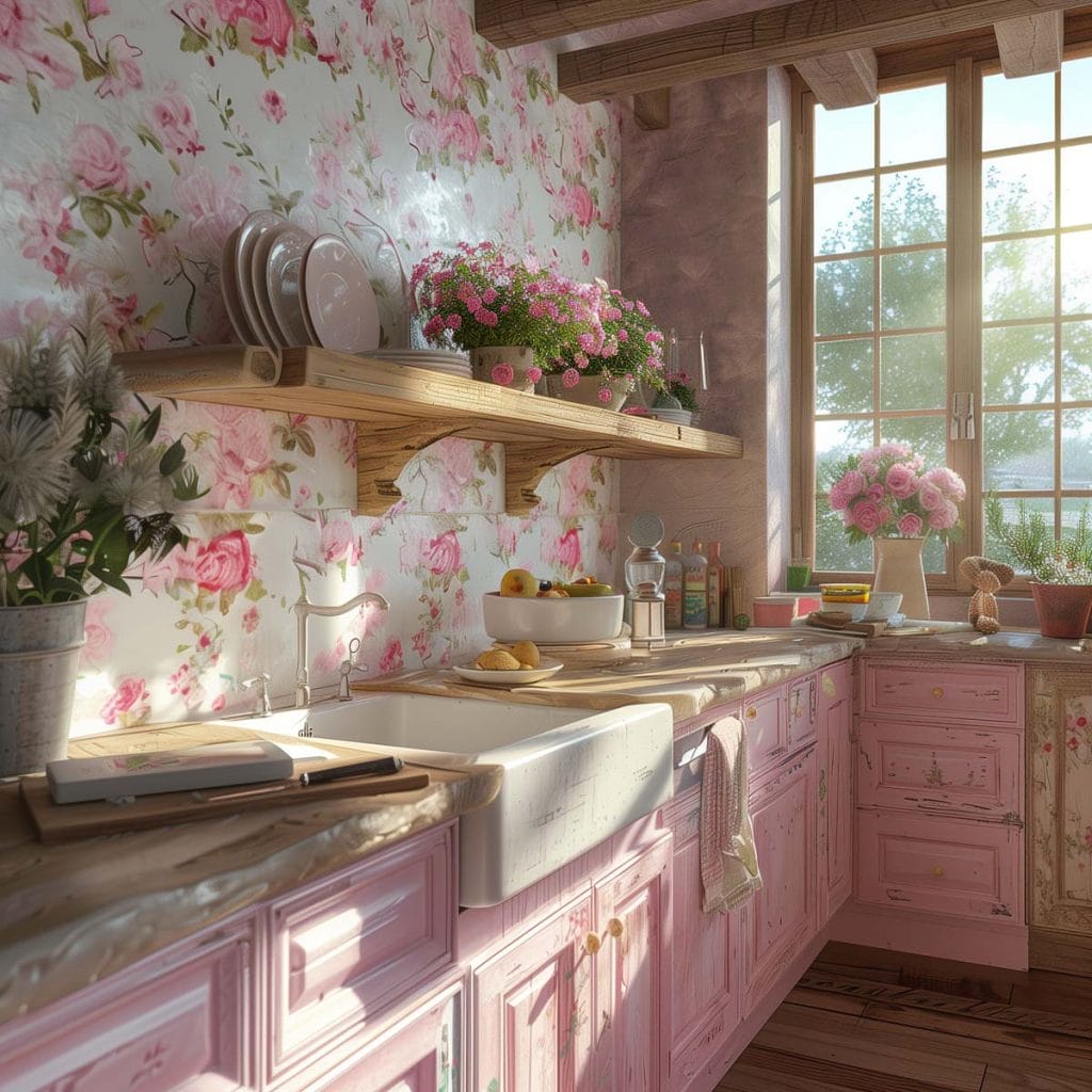 A rustic country-style kitchen with distressed pink cabinets, wooden countertops, and farmhouse sinks. The design is enhanced with floral wallpaper and vintage decor.