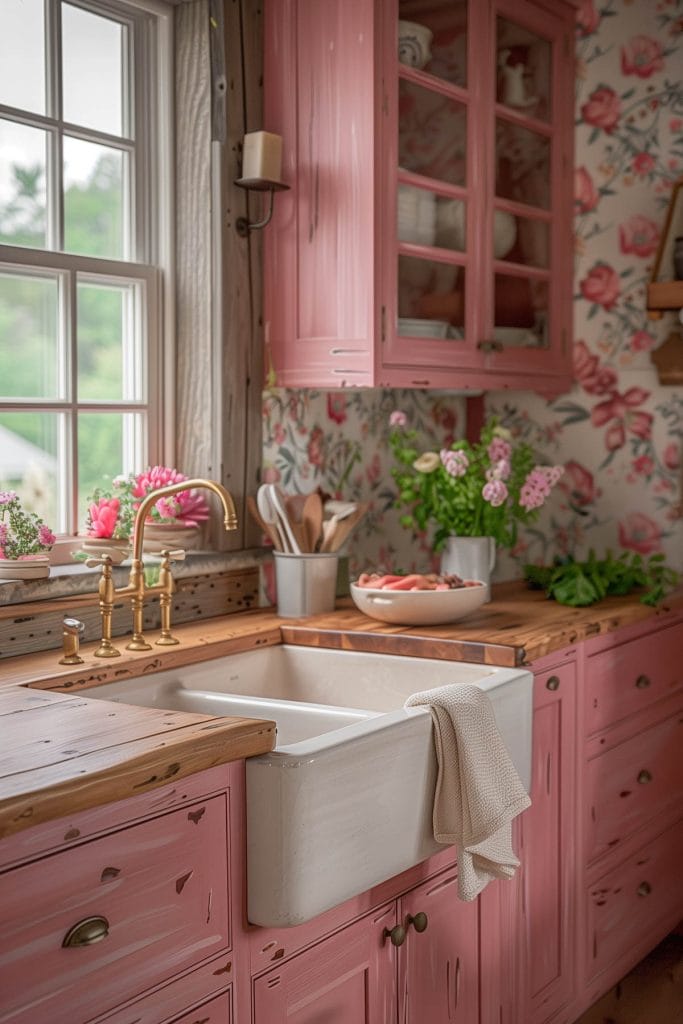 A rustic country-style kitchen with distressed pink cabinets, wooden countertops, and farmhouse sinks. The design is enhanced with floral wallpaper and vintage decor.