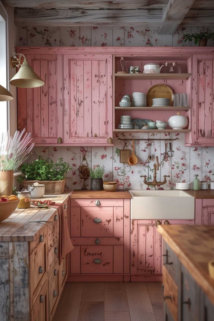 A rustic country-style kitchen with distressed pink cabinets, wooden countertops, and farmhouse sinks. The design is enhanced with floral wallpaper and vintage decor.