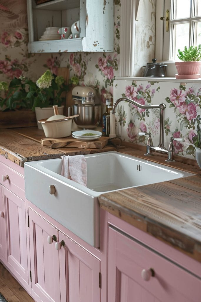 A rustic country-style kitchen with distressed pink cabinets, wooden countertops, and farmhouse sinks. The design is enhanced with floral wallpaper and vintage decor.