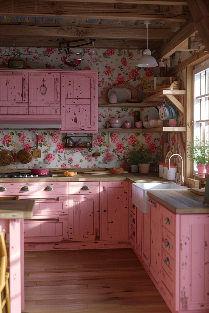 A rustic country-style kitchen with distressed pink cabinets, wooden countertops, and farmhouse sinks. The design is enhanced with floral wallpaper and vintage decor.