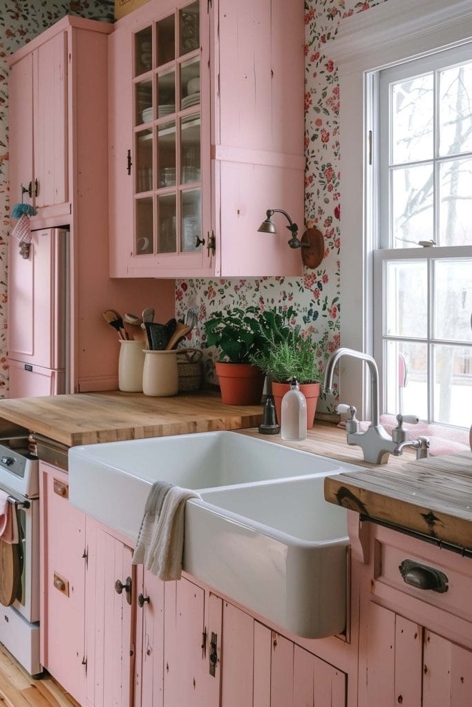 A rustic country-style kitchen with distressed pink cabinets, wooden countertops, and farmhouse sinks. The design is enhanced with floral wallpaper and vintage decor.