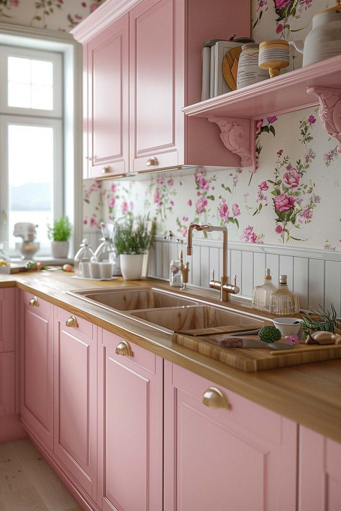 A rustic country-style kitchen with distressed pink cabinets, wooden countertops, and farmhouse sinks. The design is enhanced with floral wallpaper and vintage decor.