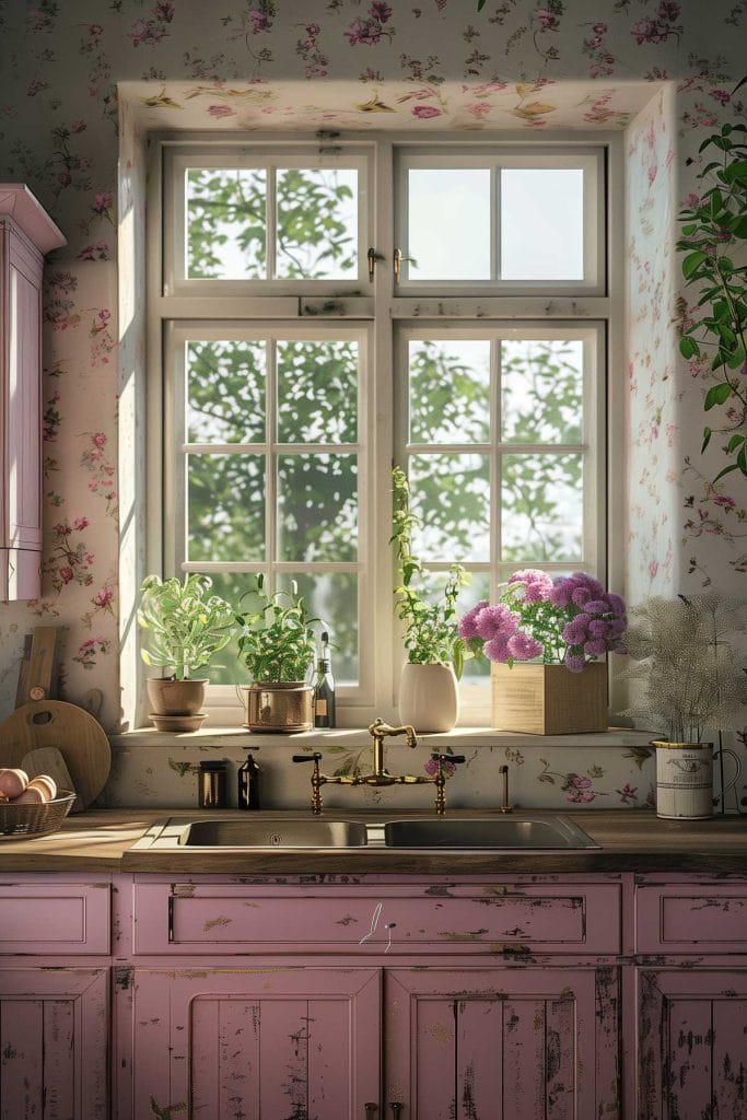 A rustic country-style kitchen with distressed pink cabinets, wooden countertops, and farmhouse sinks. The design is enhanced with floral wallpaper and vintage decor.