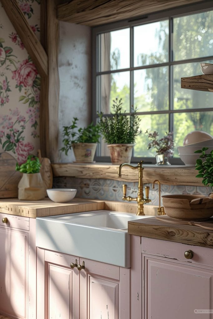 A rustic country-style kitchen with distressed pink cabinets, wooden countertops, and farmhouse sinks. The design is enhanced with floral wallpaper and vintage decor.