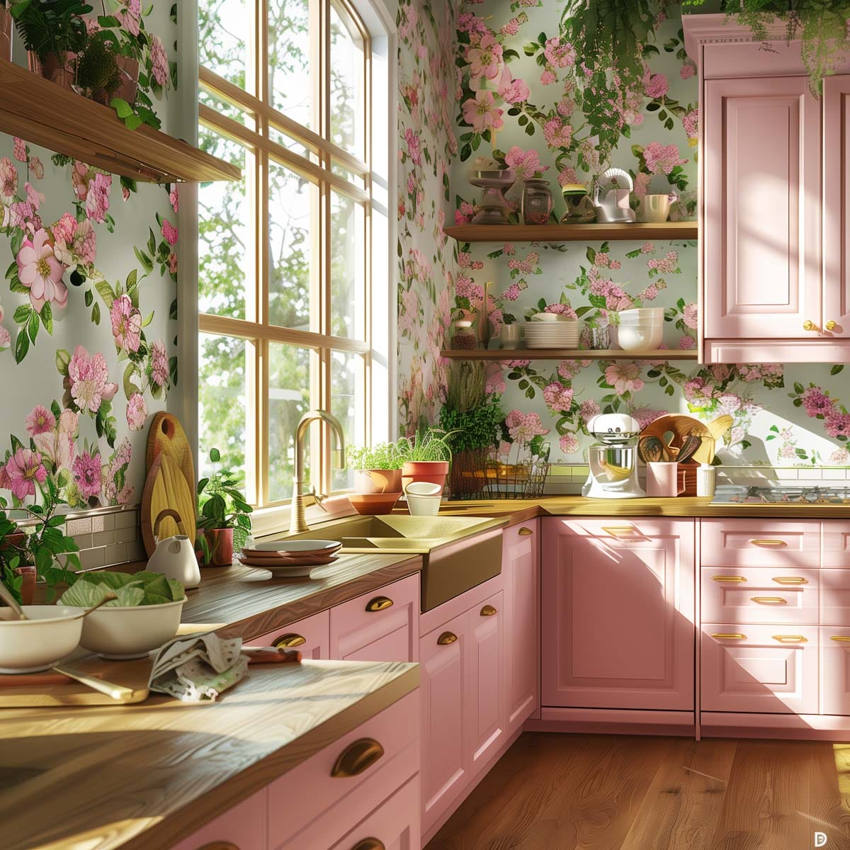 A rustic country-style kitchen with distressed pink cabinets, wooden countertops, and farmhouse sinks. The design is enhanced with floral wallpaper and vintage decor.