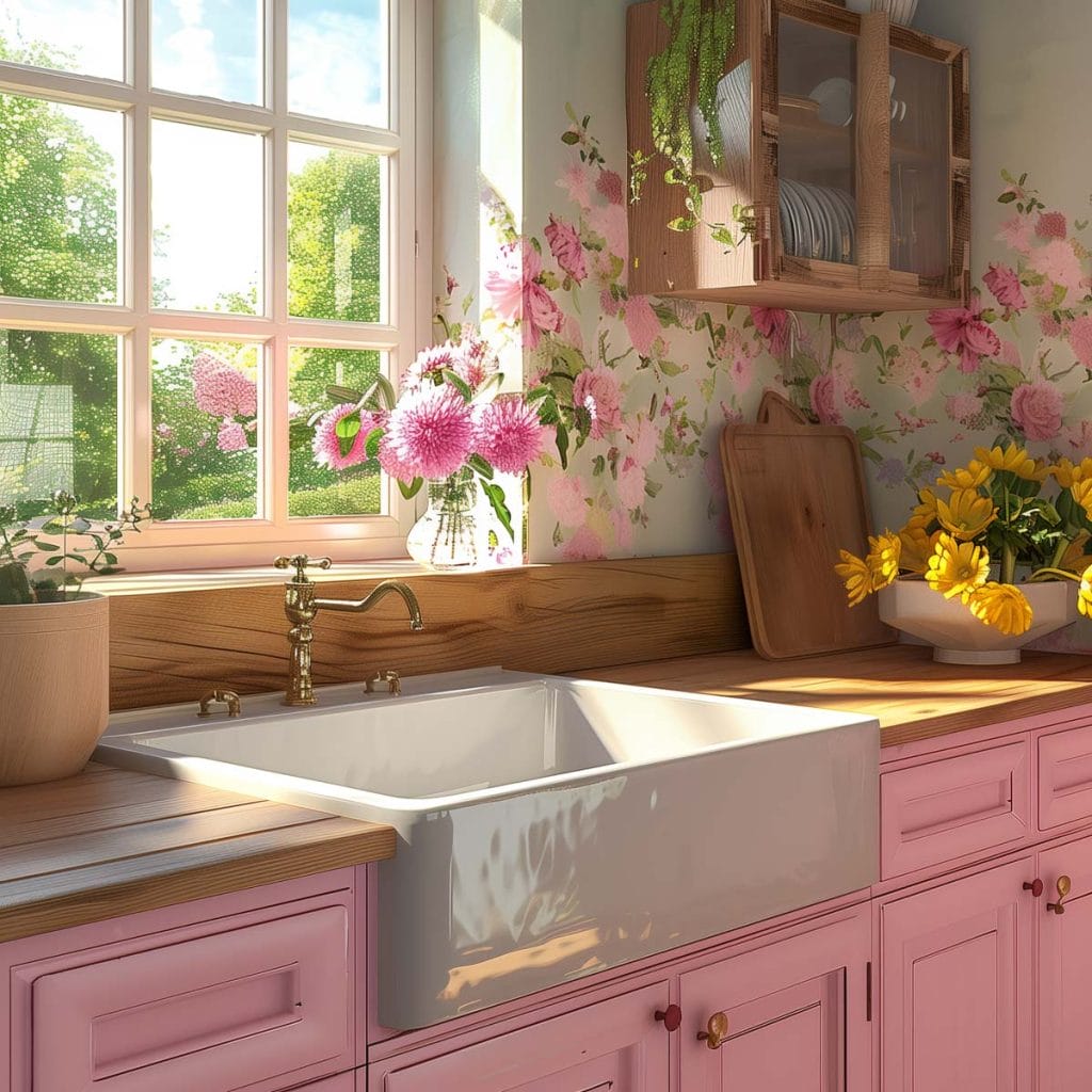 A rustic country-style kitchen with distressed pink cabinets, wooden countertops, and farmhouse sinks. The design is enhanced with floral wallpaper and vintage decor.