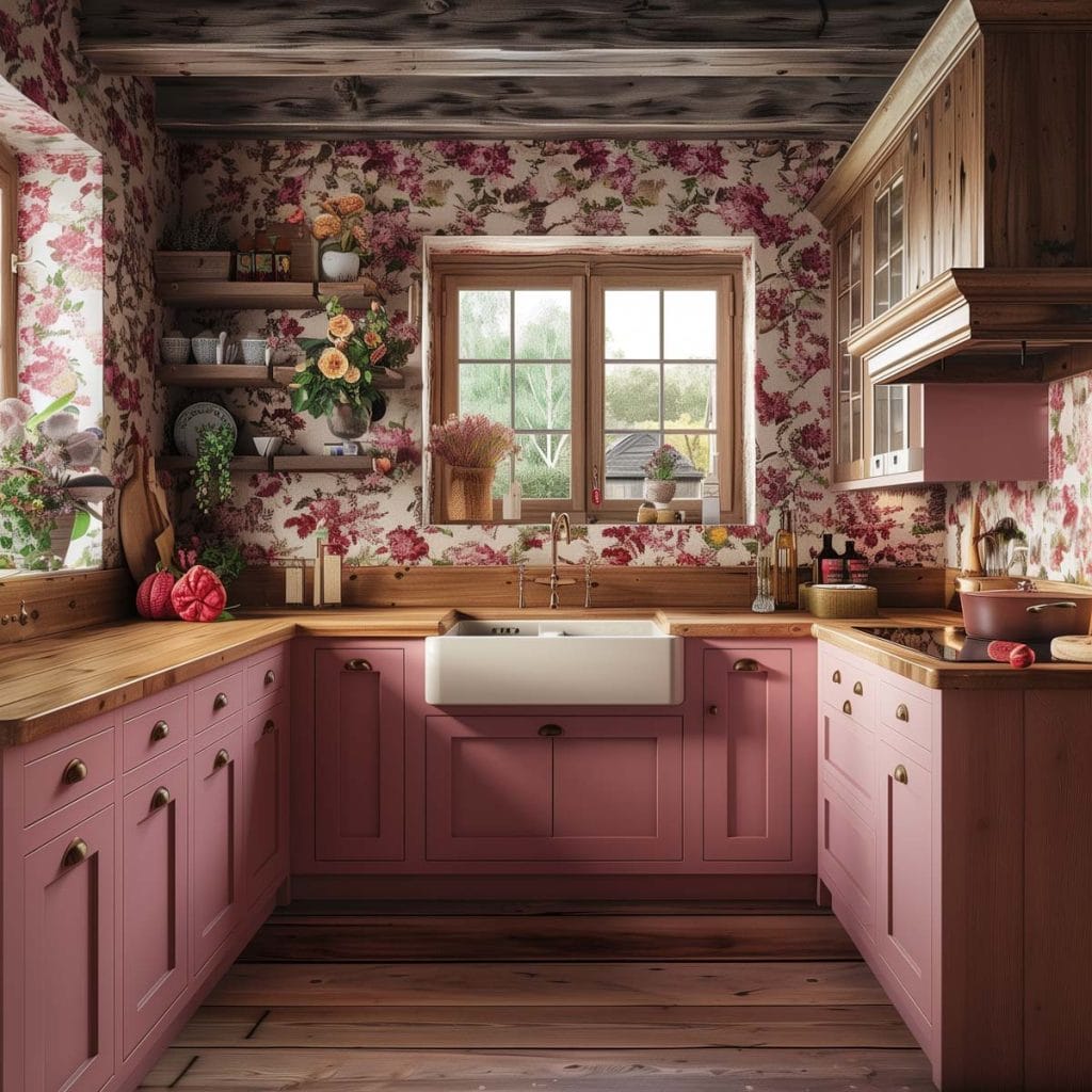 A rustic country-style kitchen with distressed pink cabinets, wooden countertops, and farmhouse sinks. The design is enhanced with floral wallpaper and vintage decor.