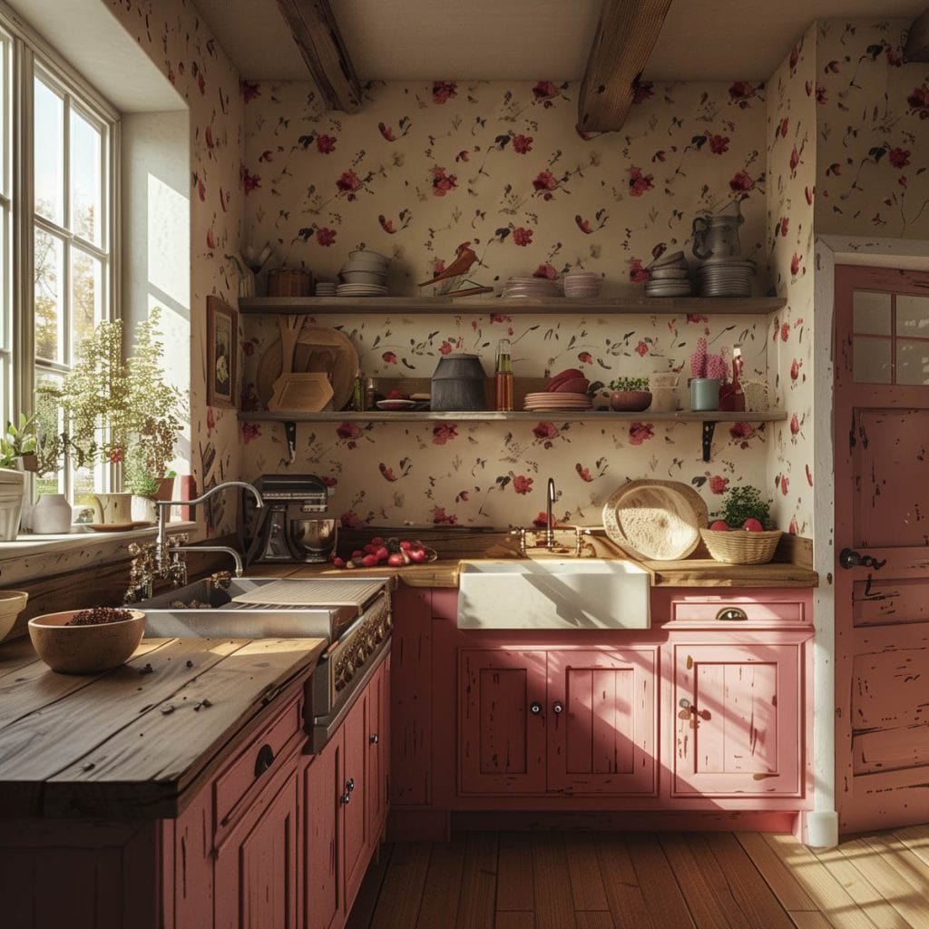 A rustic country-style kitchen with distressed pink cabinets, wooden countertops, and farmhouse sinks. The design is enhanced with floral wallpaper and vintage decor.