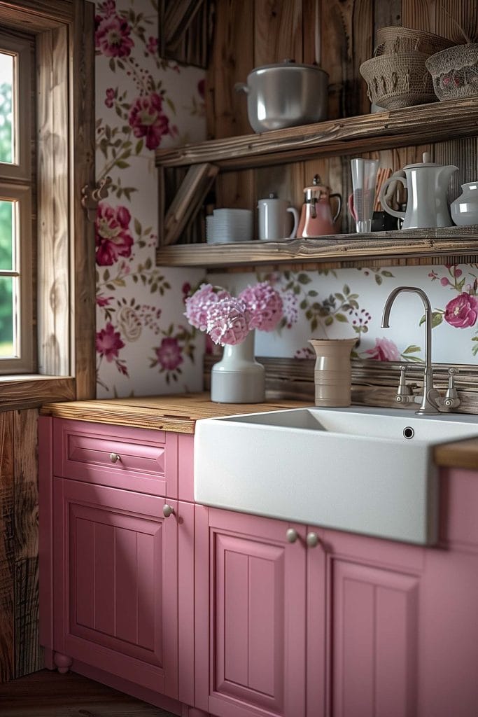 A rustic country-style kitchen with distressed pink cabinets, wooden countertops, and farmhouse sinks. The design is enhanced with floral wallpaper and vintage decor.