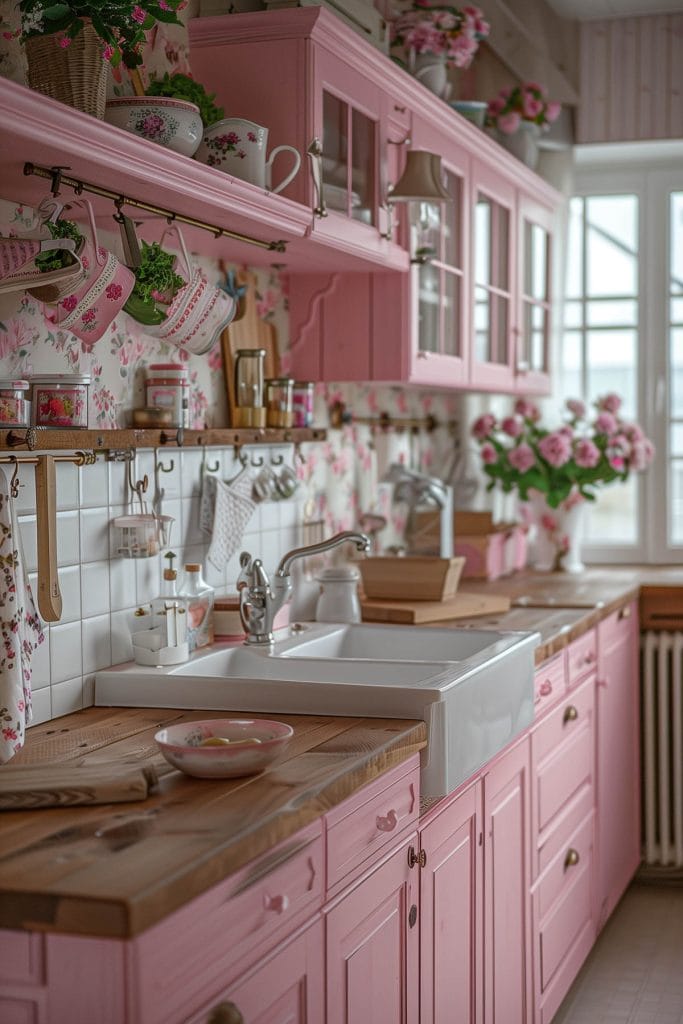 A rustic country-style kitchen with distressed pink cabinets, wooden countertops, and farmhouse sinks. The design is enhanced with floral wallpaper and vintage decor.