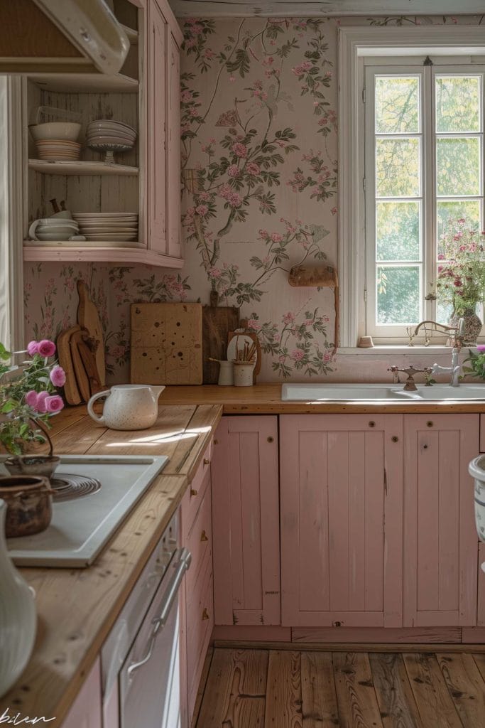 A rustic country-style kitchen with distressed pink cabinets, wooden countertops, and farmhouse sinks. The design is enhanced with floral wallpaper and vintage decor.