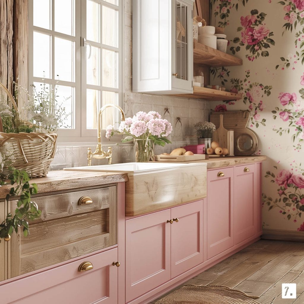 A rustic country-style kitchen with distressed pink cabinets, wooden countertops, and farmhouse sinks. The design is enhanced with floral wallpaper and vintage decor.