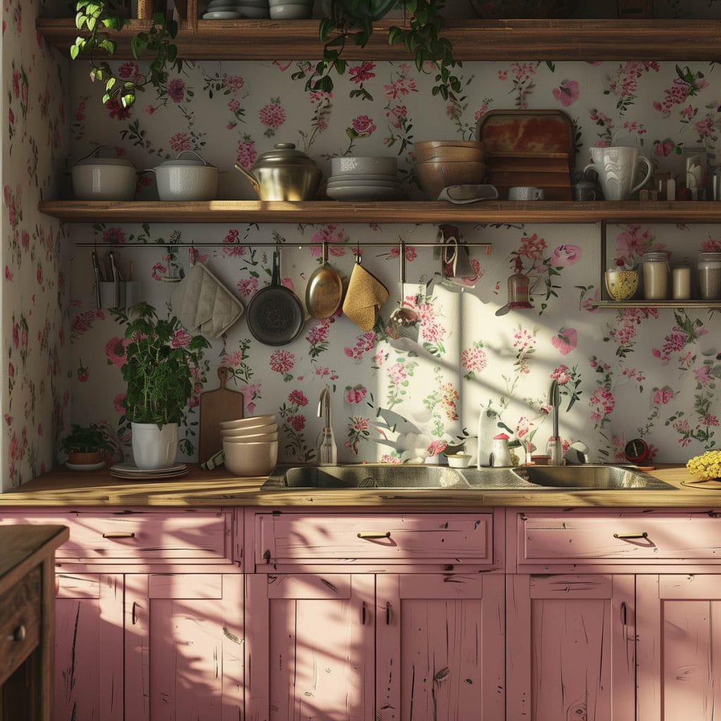 A rustic country-style kitchen with distressed pink cabinets, wooden countertops, and farmhouse sinks. The design is enhanced with floral wallpaper and vintage decor.