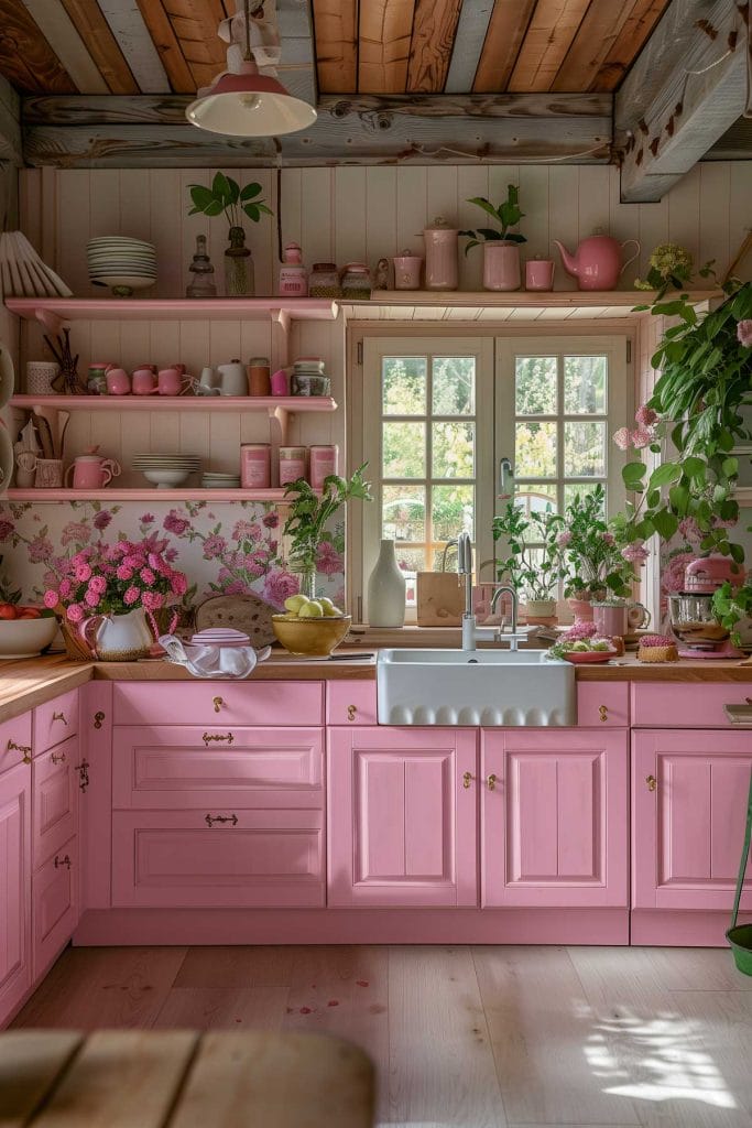 A rustic country-style kitchen with distressed pink cabinets, wooden countertops, and farmhouse sinks. The design is enhanced with floral wallpaper and vintage decor.