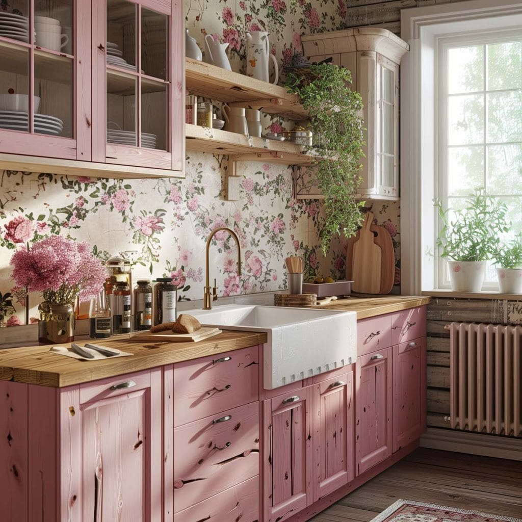 A rustic country-style kitchen with distressed pink cabinets, wooden countertops, and farmhouse sinks. The design is enhanced with floral wallpaper and vintage decor.