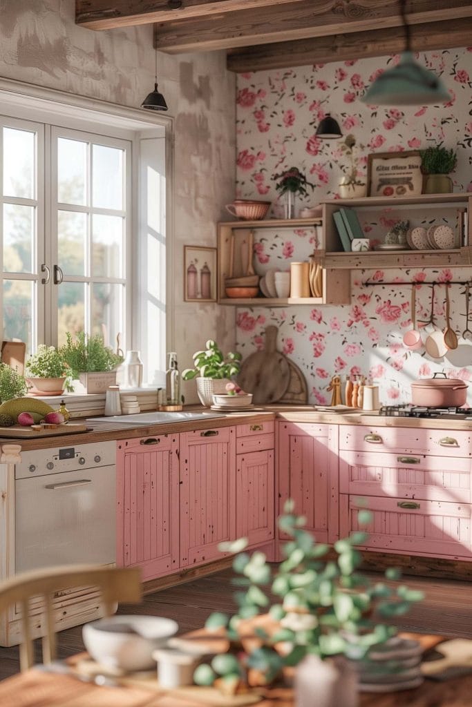 A rustic country-style kitchen with distressed pink cabinets, wooden countertops, and farmhouse sinks. The design is enhanced with floral wallpaper and vintage decor.