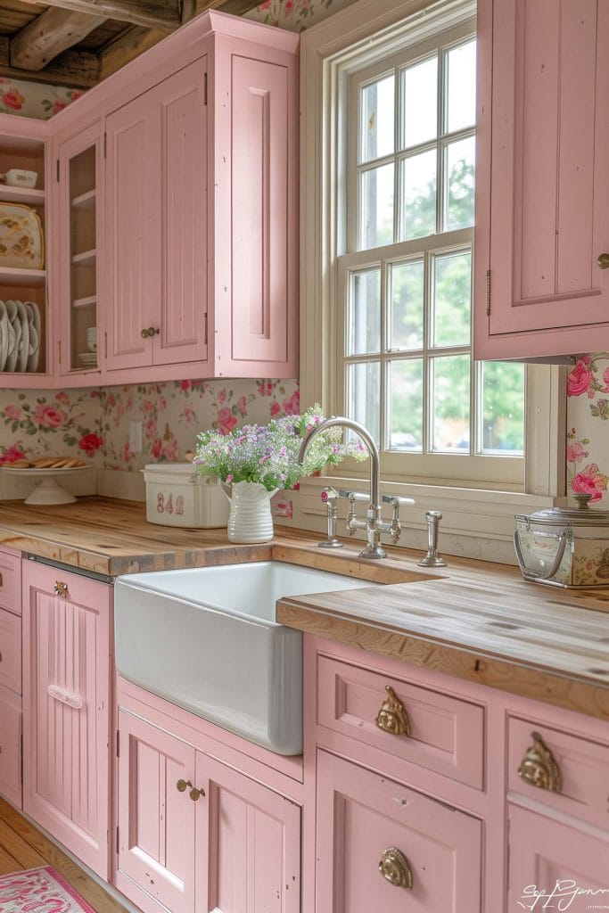 A rustic country-style kitchen with distressed pink cabinets, wooden countertops, and farmhouse sinks. The design is enhanced with floral wallpaper and vintage decor.