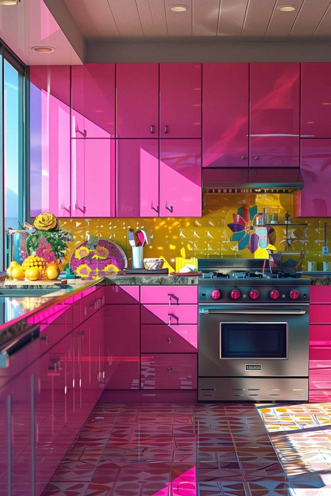 A lively atomic age kitchen with bright pink cabinets, futuristic appliances, and bold geometric patterns. The design includes contrasting colors like turquoise and yellow.