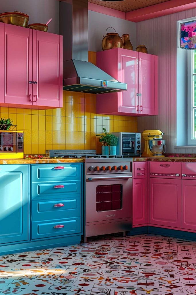 A lively atomic age kitchen with bright pink and turquoise cabinets, futuristic appliances, and bold geometric patterns. The design includes contrasting colors like yellow.