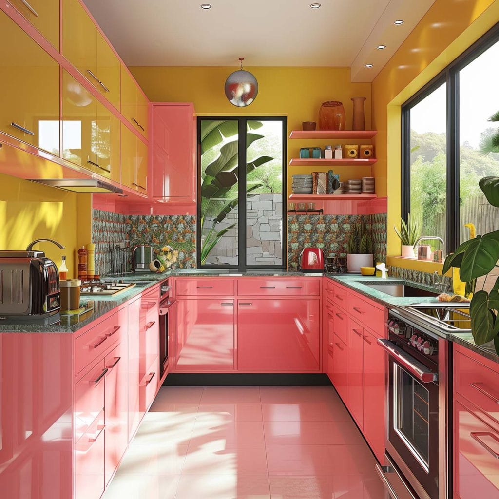 A lively atomic age kitchen with bright pink cabinets, futuristic appliances, and bold geometric patterns. The design includes contrasting colors like yellow.