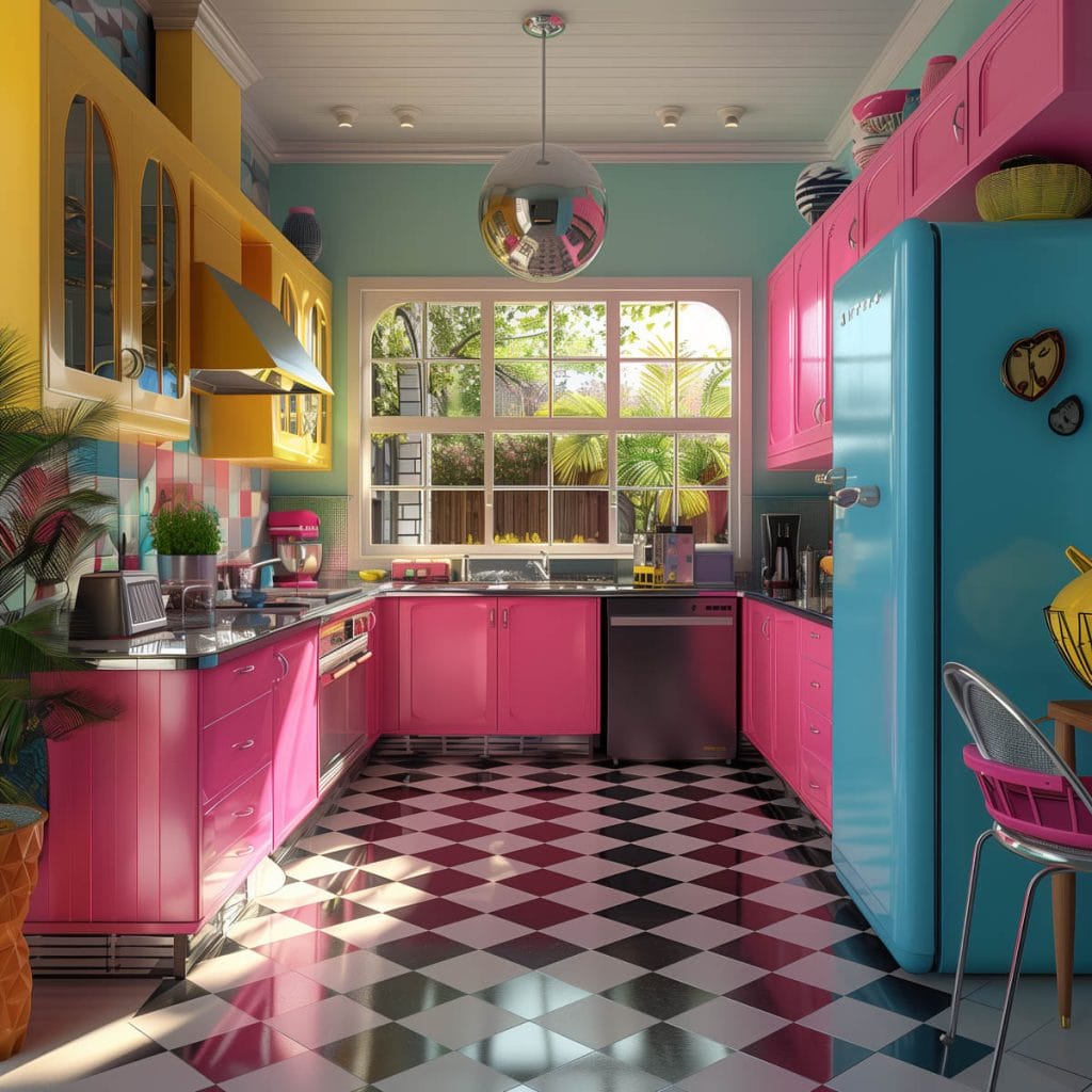 A lively atomic age kitchen with bright pink cabinets, futuristic appliances, and bold geometric patterns. The design includes contrasting colors like turquoise and yellow.