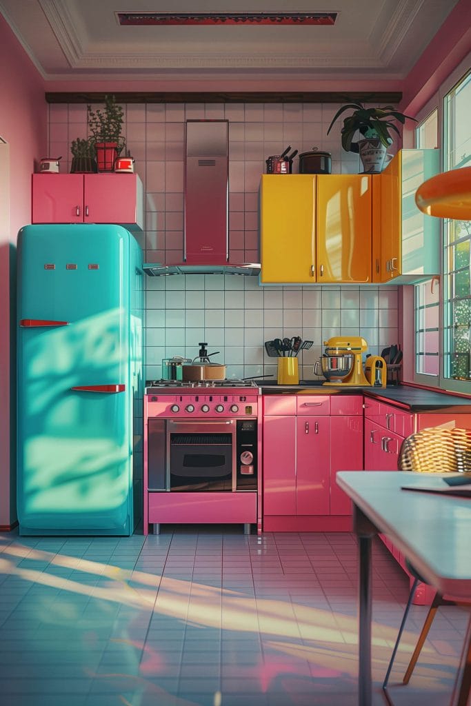 A lively atomic age kitchen with bright pink cabinets, futuristic appliances, and bold geometric patterns. The design includes contrasting colors like turquoise and yellow.