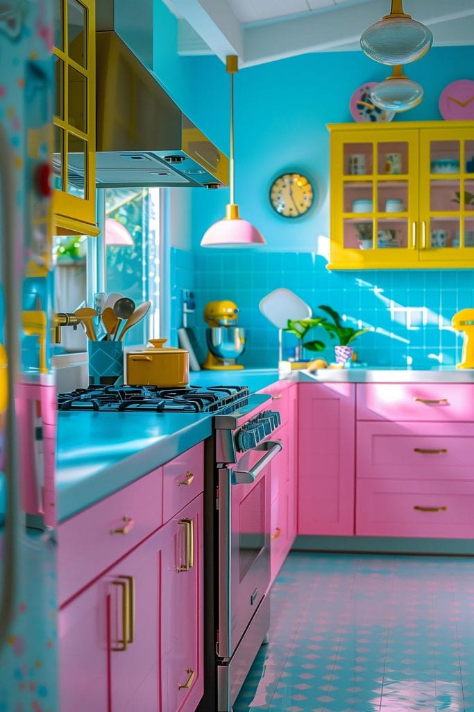 A lively atomic age kitchen with bright pink cabinets, futuristic appliances, and bold geometric patterns. The design includes contrasting colors like turquoise and yellow.