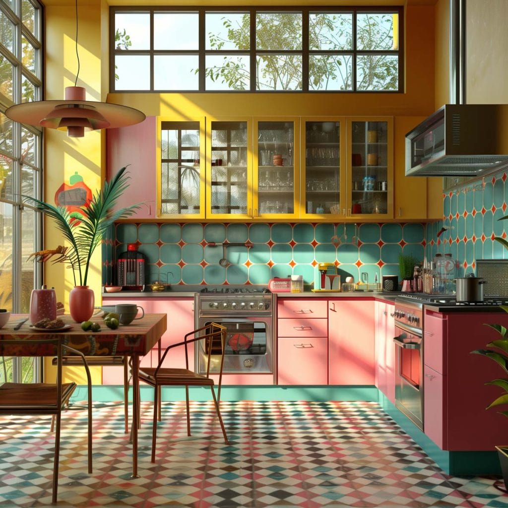 A lively atomic age kitchen with bright pink cabinets, futuristic appliances, and bold geometric patterns. The design includes contrasting colors like turquoise and yellow.